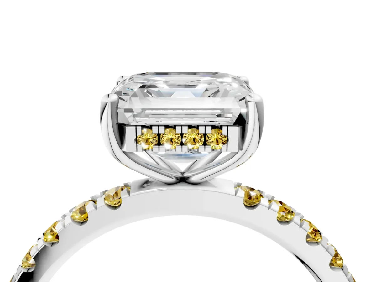 Asscher Cut Diamond Pave Band Solitaire Ring with Round Yellow Sapphire and Prong Setting Platinum