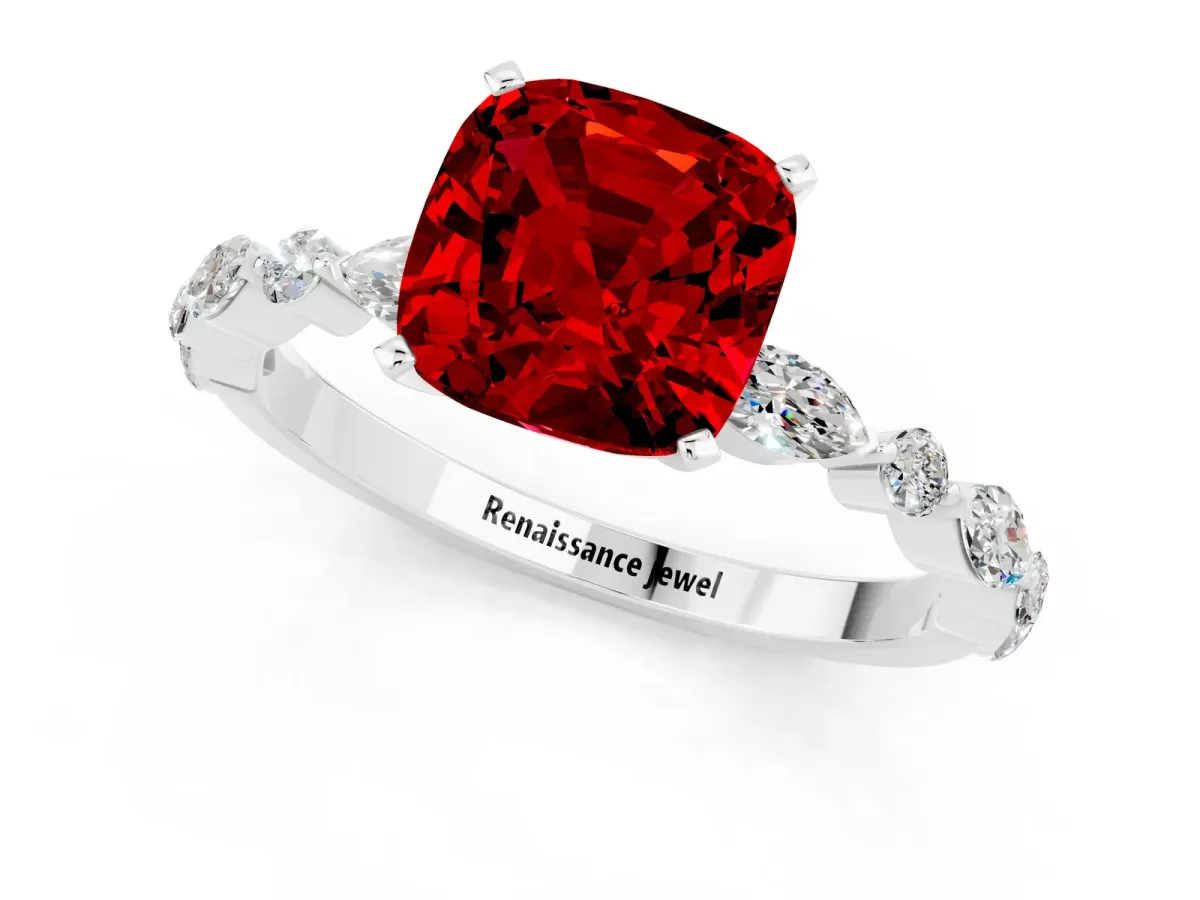 Cushion Cut Ruby Ring with Marquise and Round Side Stones and Four-Prong Setting Silver