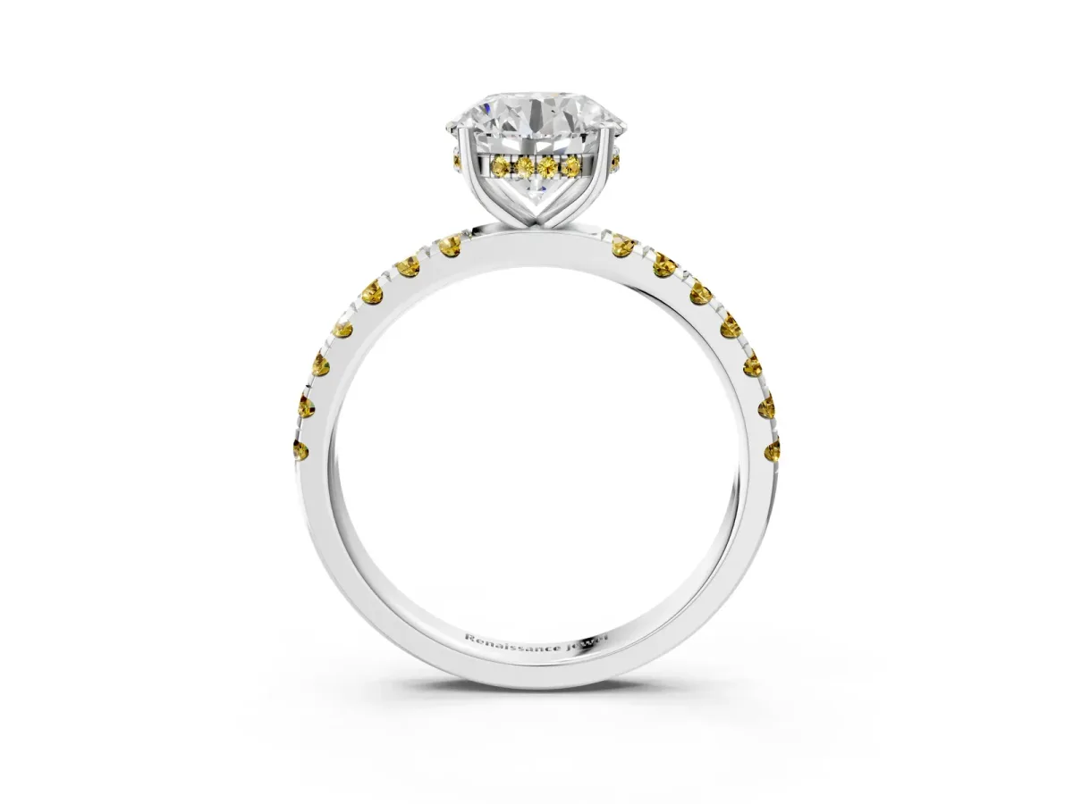 Round Cut Diamond Pave Band Solitaire Ring with Round Yellow Sapphire and Prong Setting Silver