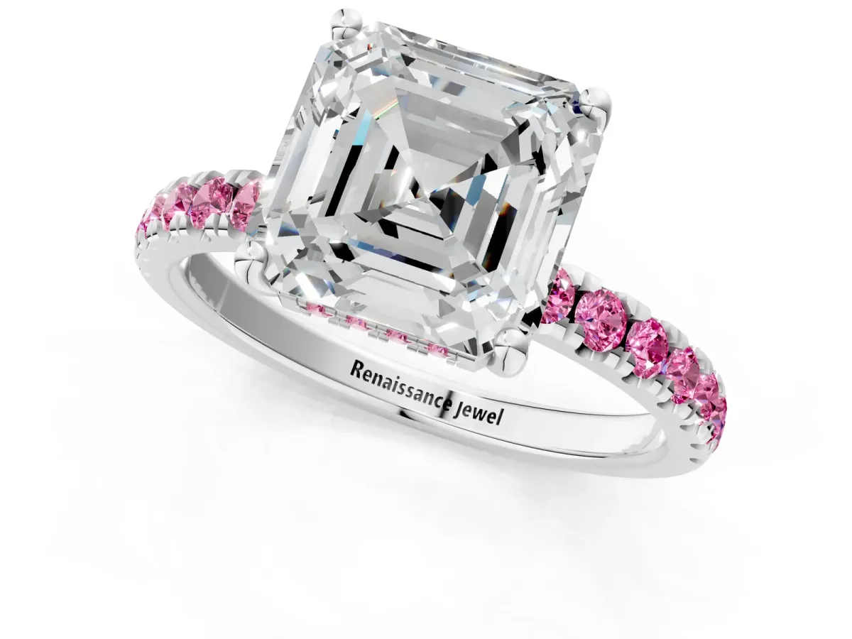 Asscher Cut Diamond Pave Band Solitaire Ring with Round Pink Sapphire and Prong Setting Platinum