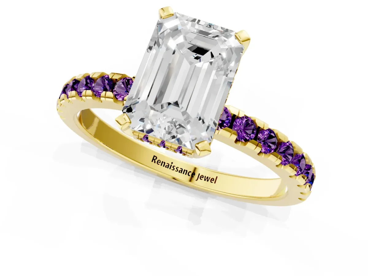Emerald Cut Diamond Solitaire Ring with Round Amethyst Pavé Band and Four-Prong Setting Yellow gold