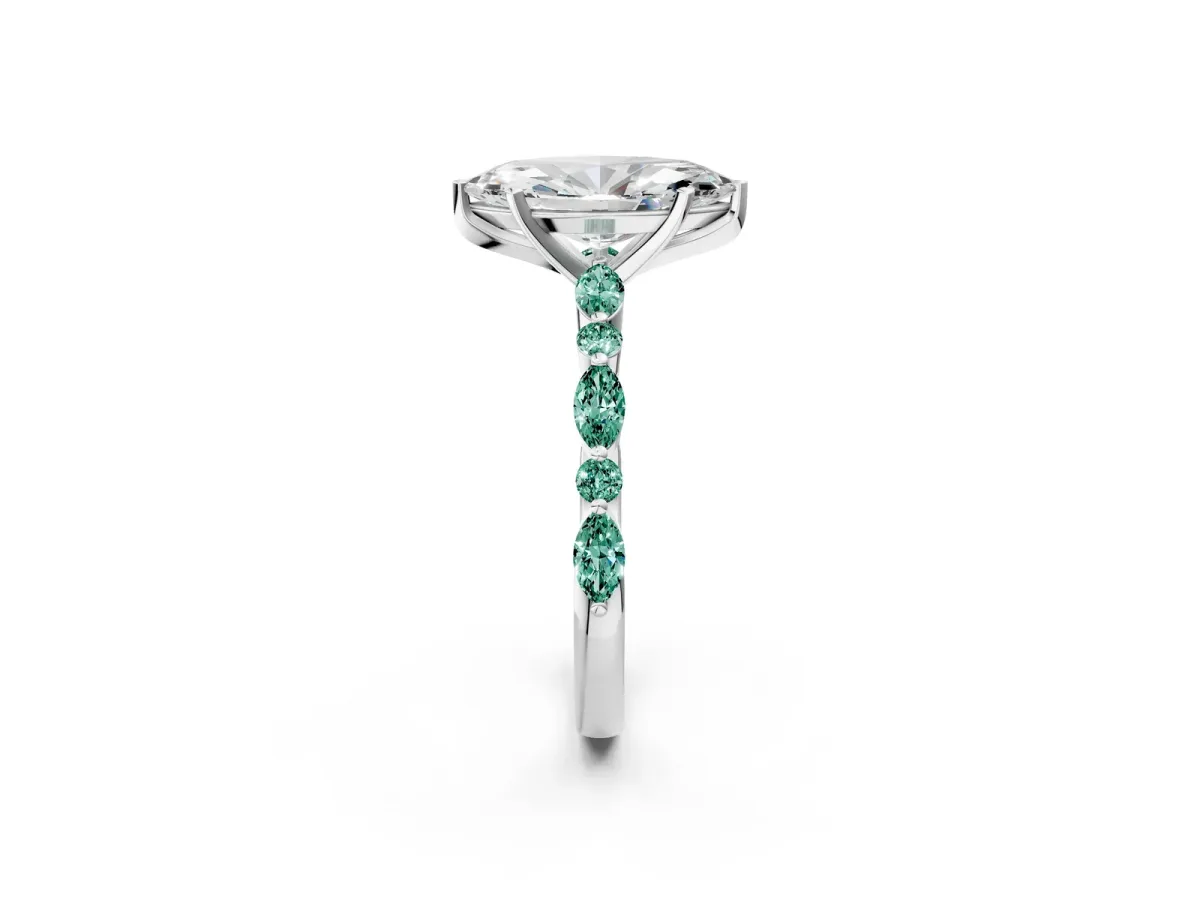 Marquise Cut Diamond Ring with Marquise and Round Green Sapphire Side Stones and Four-Prong Setting Silver