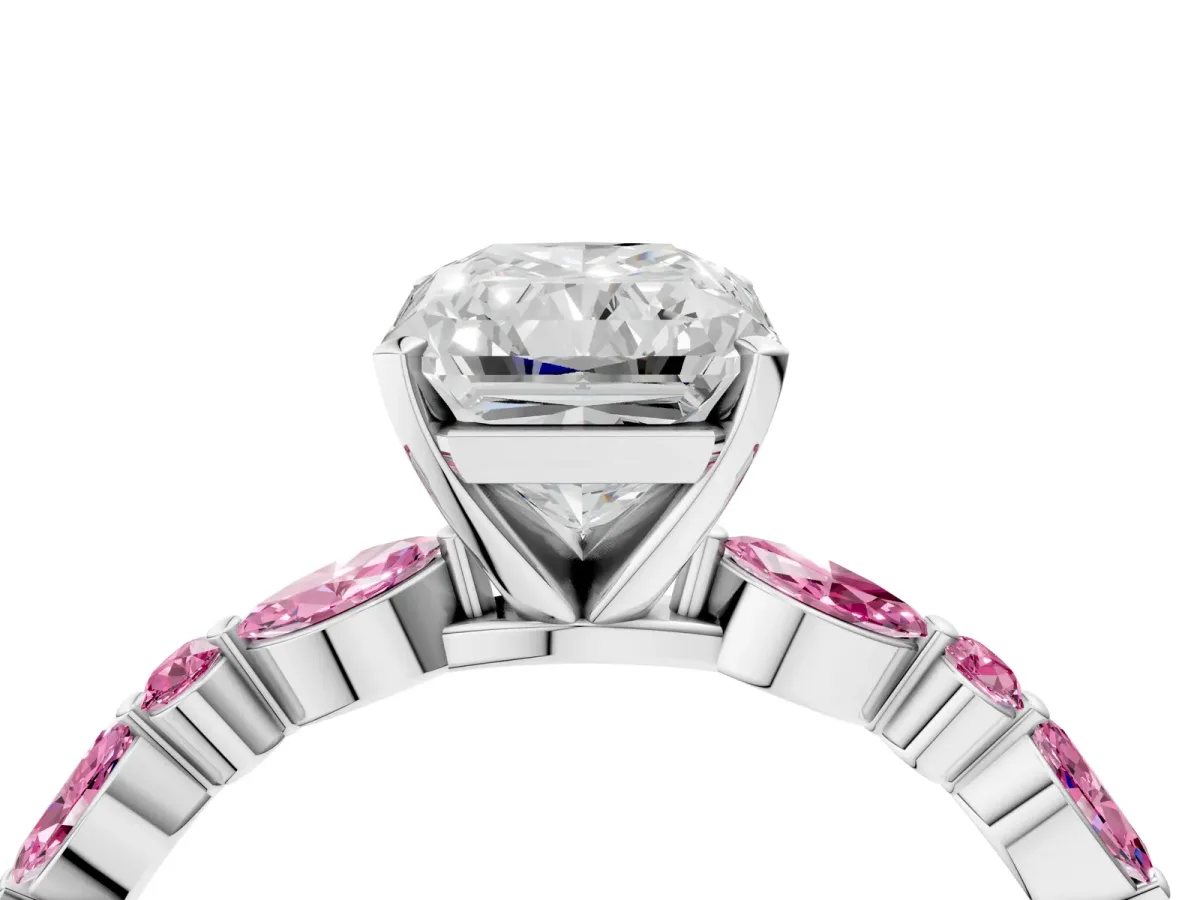 Radiant Cut Diamond Ring with Marquise and Round Pink Sapphire Side Stones and Four-Prong Setting Silver