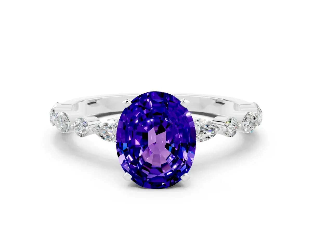 Oval Cut Tanzanite Ring with Marquise and Round Side Stones and Four-Prong Setting Silver