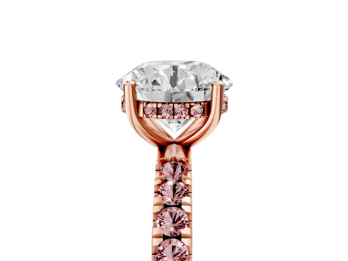 Round Cut Diamond Pave Band Solitaire Ring with Round Morganite and Prong Setting Rose gold