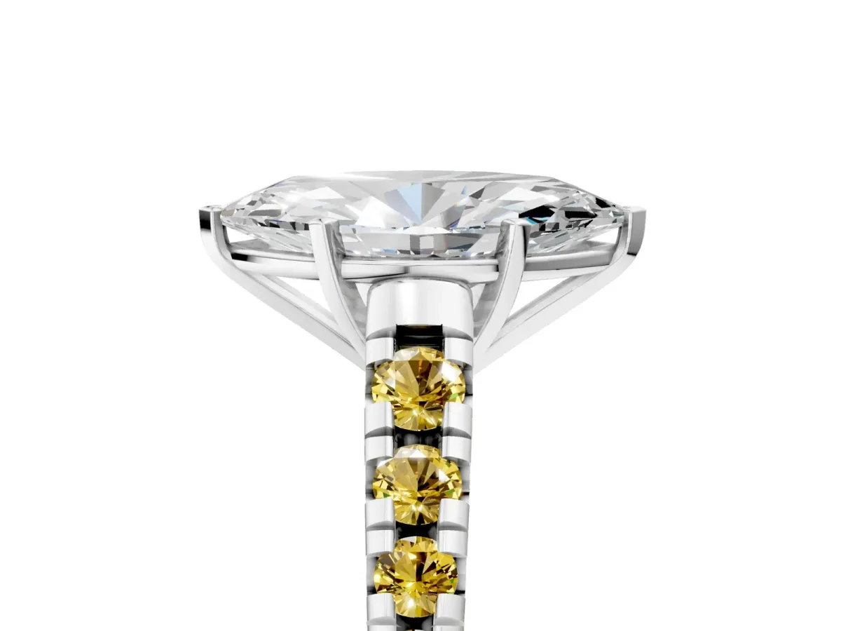 Marquise Cut Diamond Cathedral Solitaire Ring with Round Yellow Sapphire Pavé Band Silver
