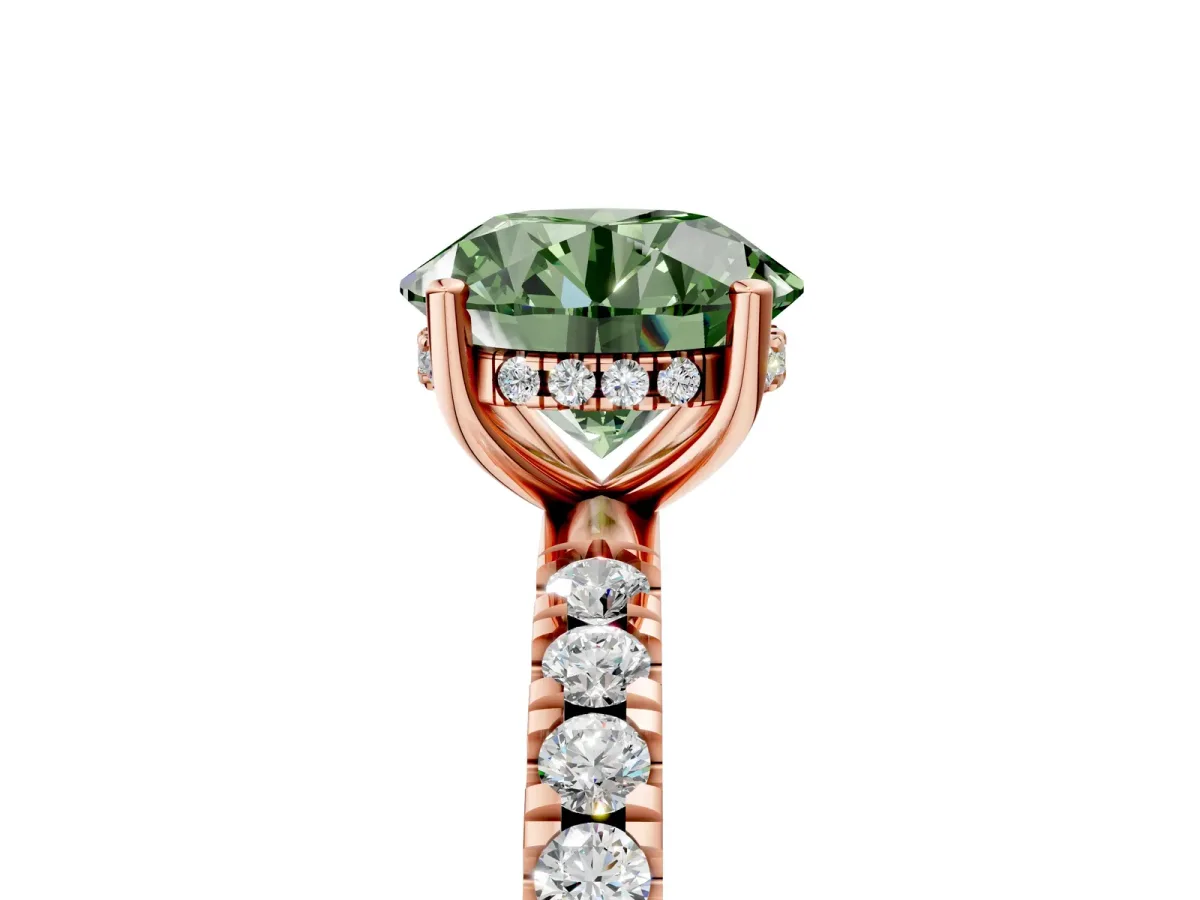 Fancy Green Round Cut Diamond Pave Band Solitaire Ring with Round and Prong Setting Rose gold