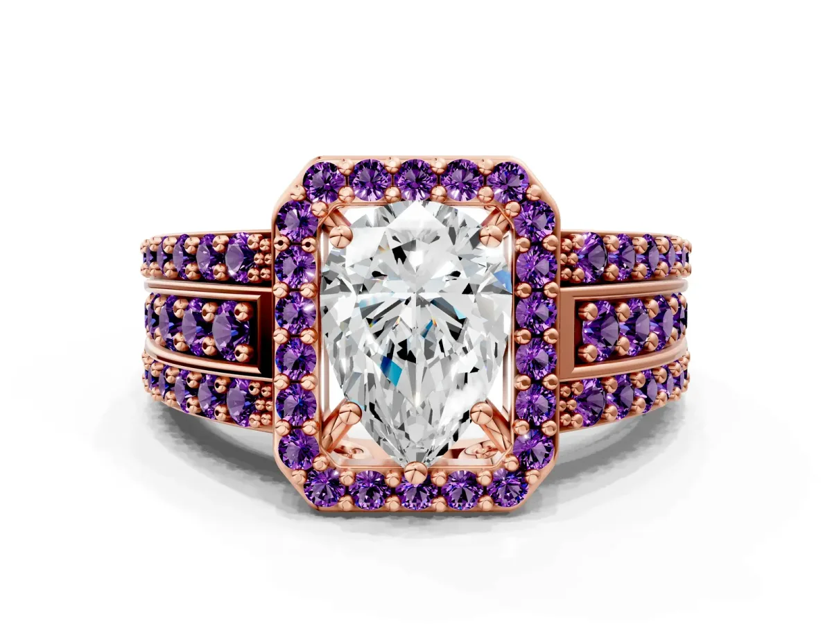 Pear Cut Halo Diamond Ring with Round Amethyst Split Shank and Prong Setting Rose gold