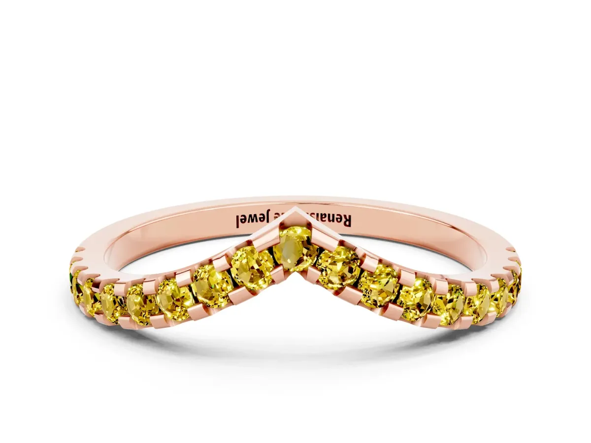 Pavé Round Yellow Sapphire Chevron Band with Shared Prong Setting Rose gold