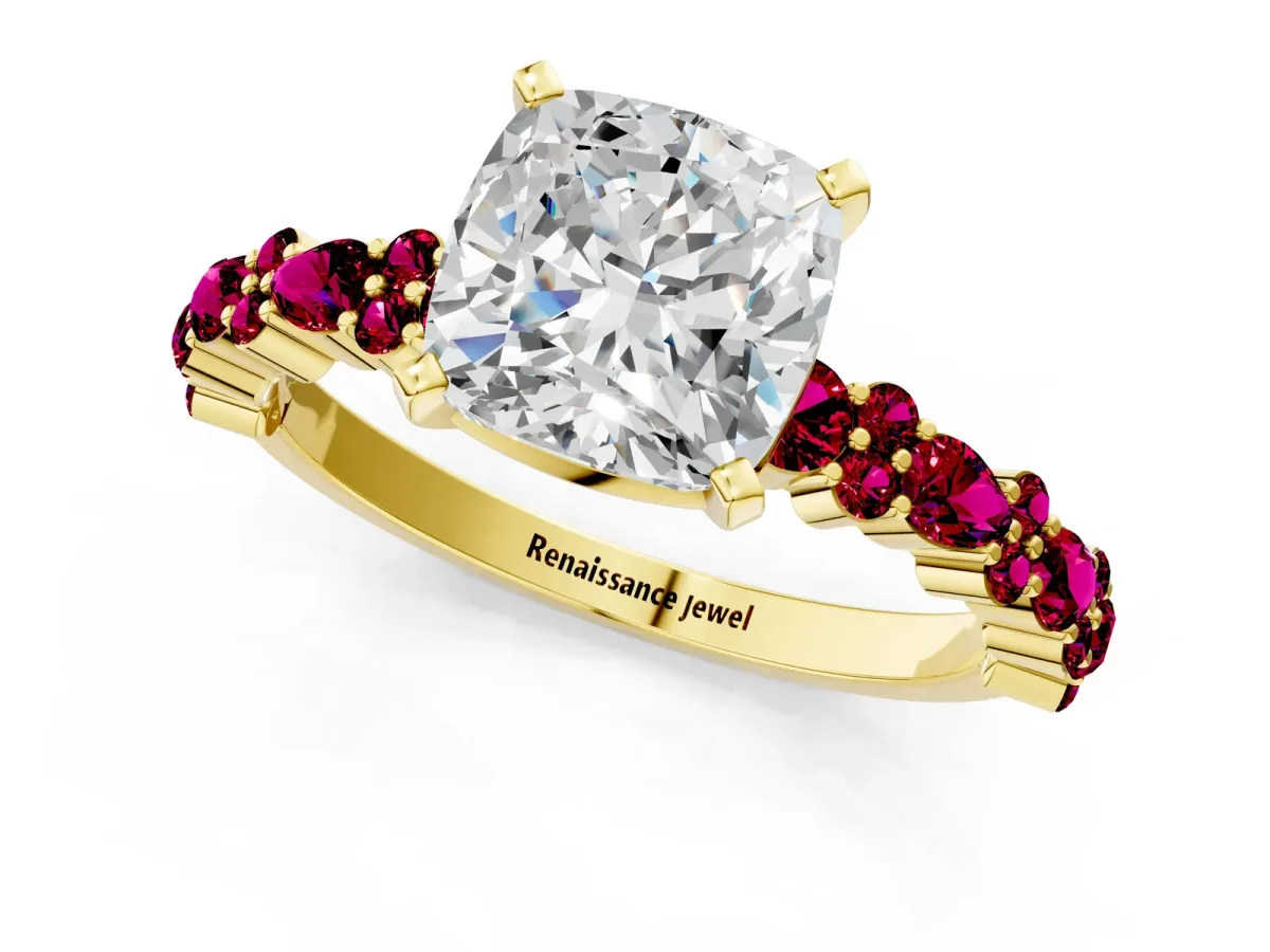 Cushion Cut Diamond Side Stone Solitaire Ring with Round Garnet and Four-Prong Setting Yellow gold