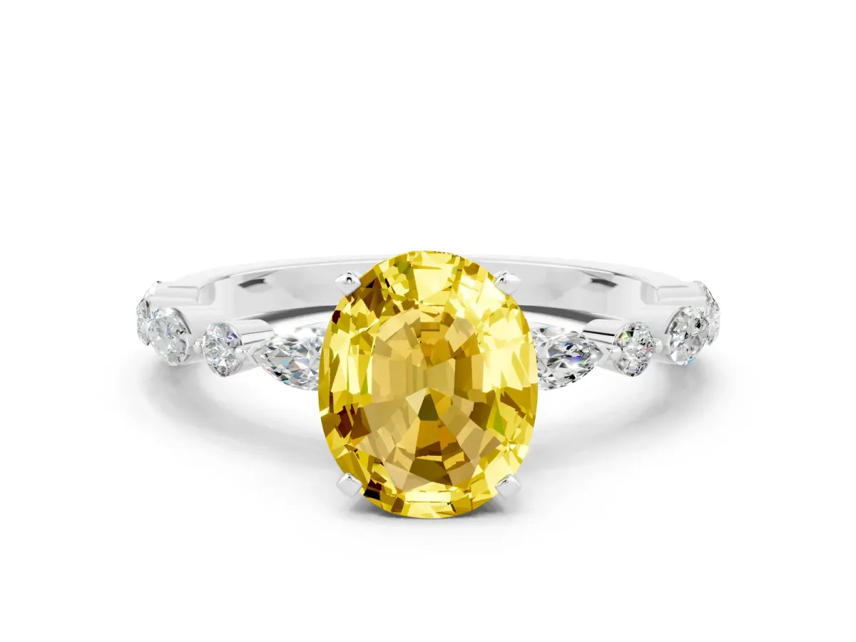 Oval Cut Yellow Sapphire Ring with Marquise and Round Side Stones and Four-Prong Setting Silver