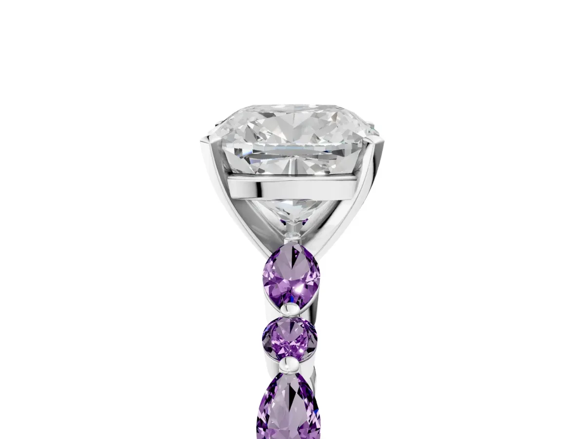 Cushion Cut Diamond Ring with Marquise and Round Amethyst Side Stones and Four-Prong Setting Platinum