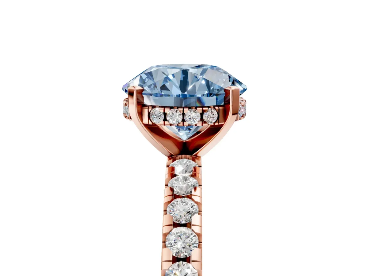 Fancy Blue Round Cut Diamond Solitaire Ring with Round Pavé Band and Four-Prong Setting Rose gold