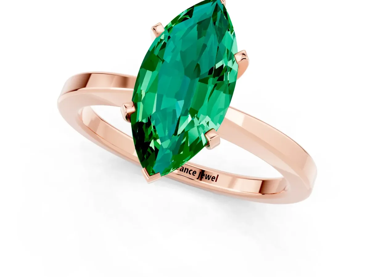 Marquise Cut Emerald Solitaire Engagement Ring with Classic Band and Four-Prong Setting Rose gold