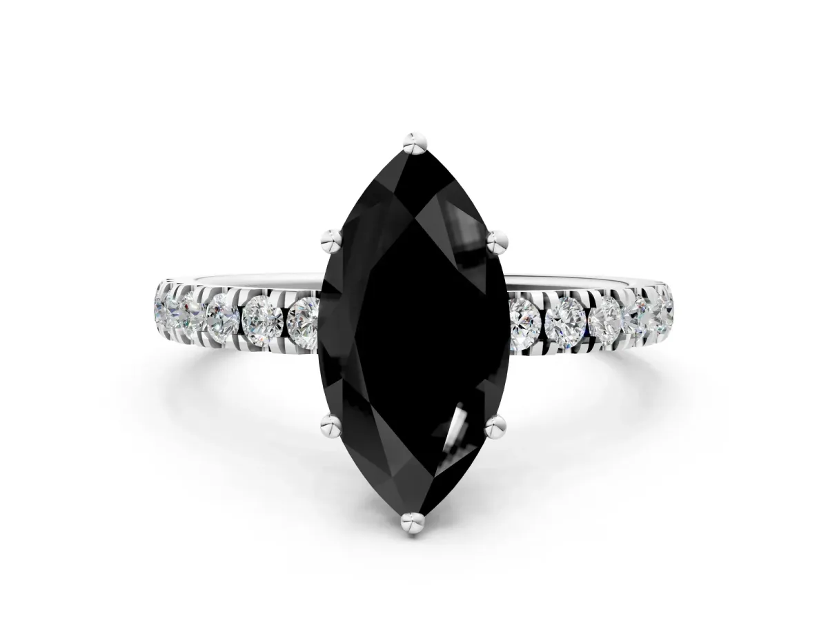 Fancy Black Marquise Cut Diamond Pave Band Solitaire Ring with Round and Prong Setting Silver
