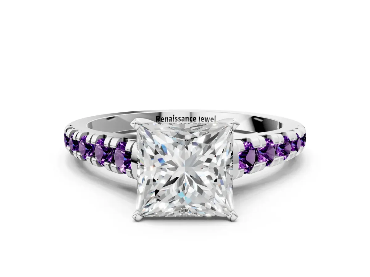 Princess Cut Diamond Cathedral Solitaire Ring with Round Amethyst Pavé Band Platinum
