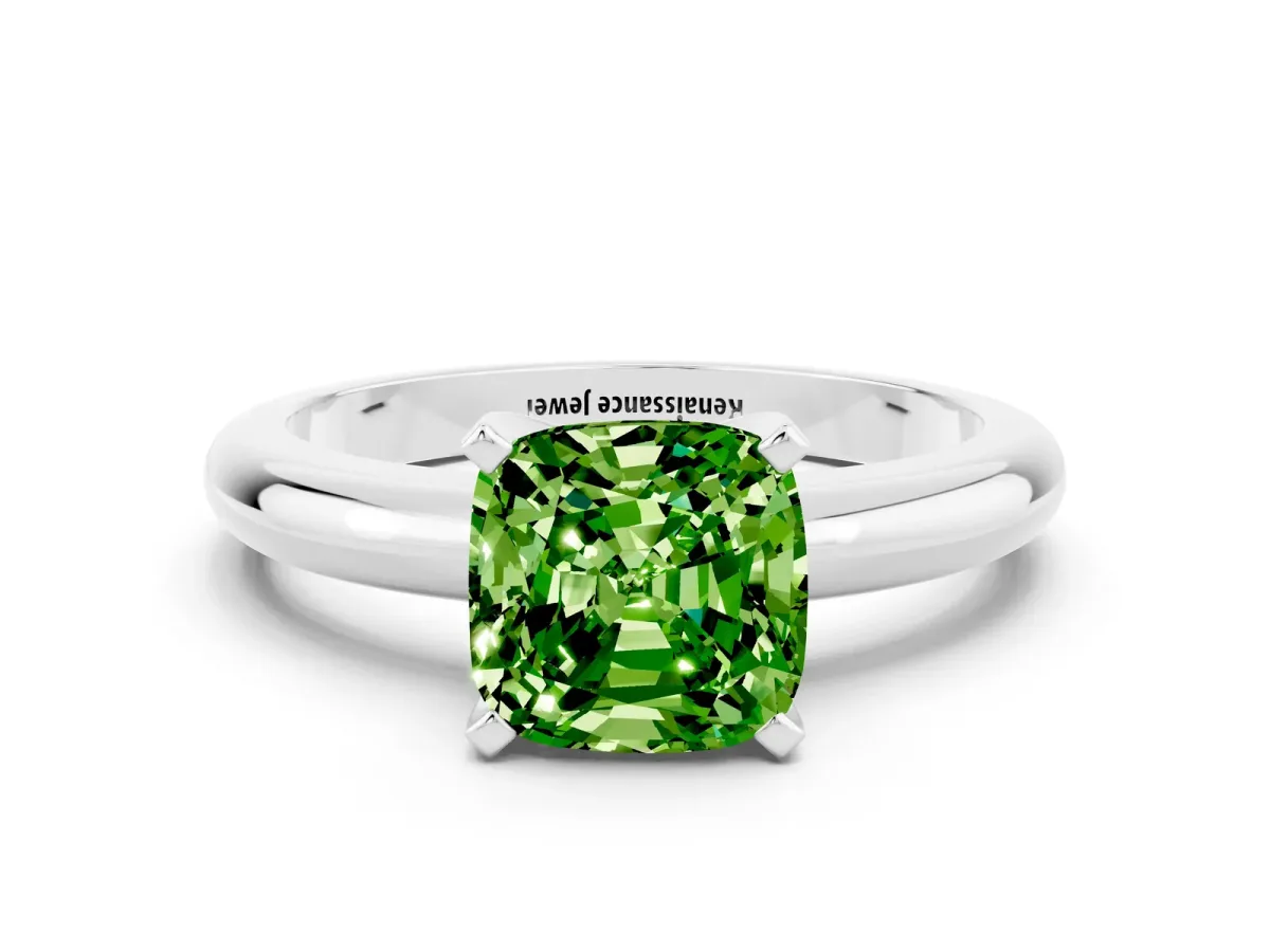 Cushion Cut Peridot Solitaire Engagement Ring with Round Band and Four-Prong Setting White gold