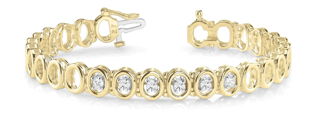 Oval Bezel Set Diamond Tennis Bracelet with Half-Bezel Prong Setting Yellow gold