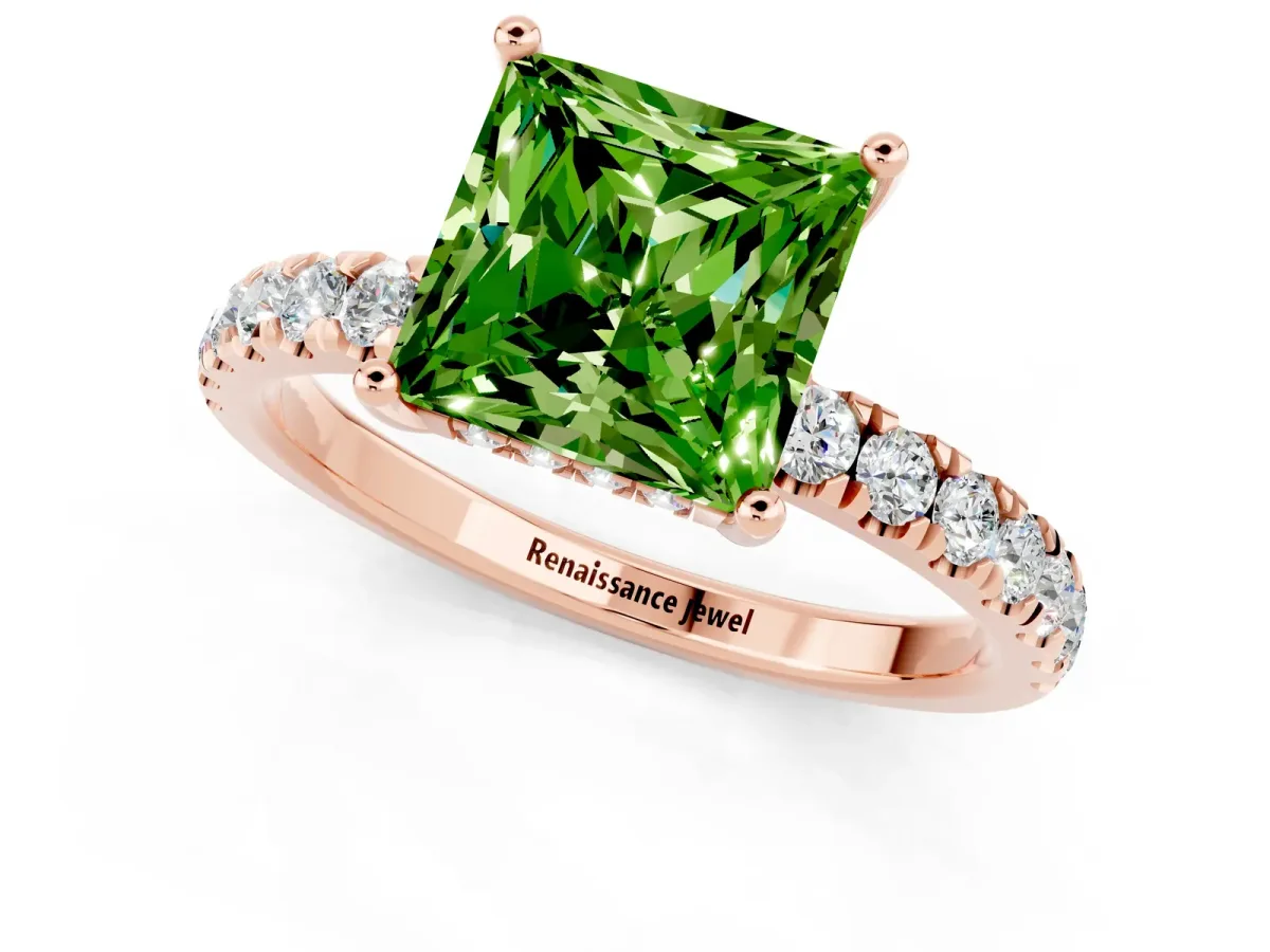 Princess Cut Peridot Pave Band Solitaire Ring with Round and Prong Setting Rose gold