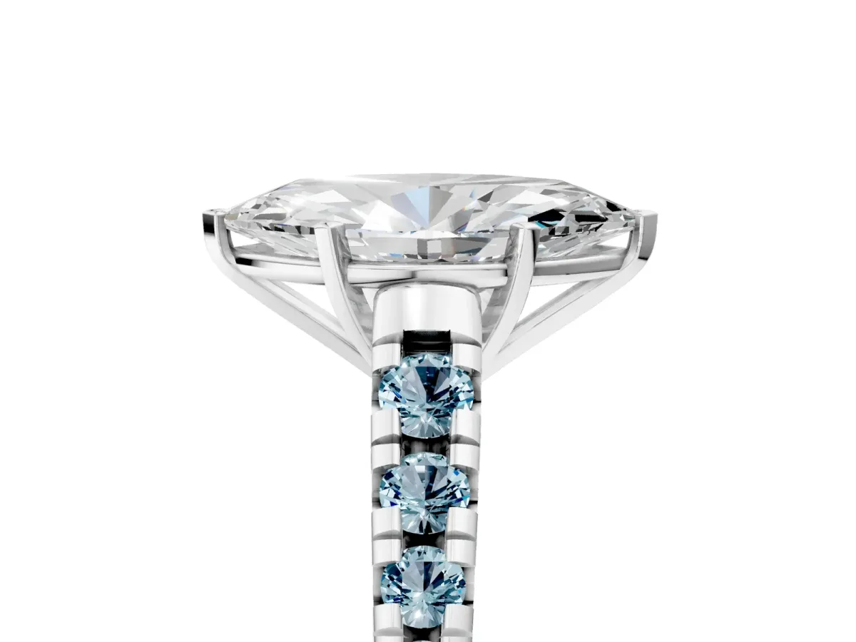 Marquise Cut Diamond Cathedral Solitaire Ring with Round Aquamarine Pavé Band Silver