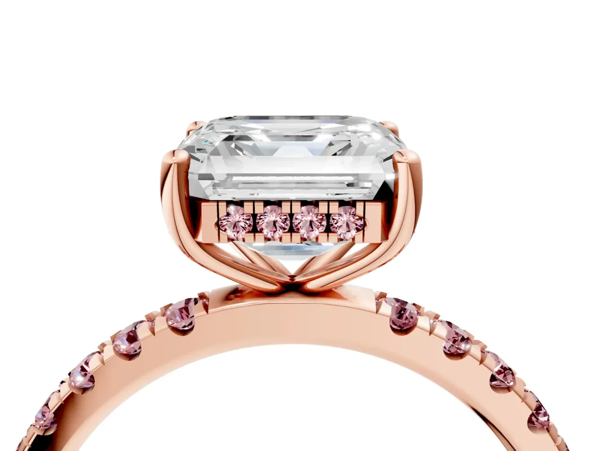 Asscher Cut Diamond Pave Band Solitaire Ring with Round Morganite and Prong Setting Rose gold