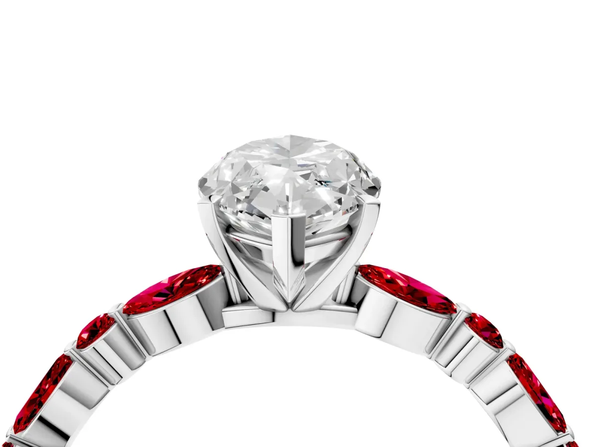 Marquise Cut Diamond Ring with Marquise and Round Ruby Side Stones and Four-Prong Setting White gold