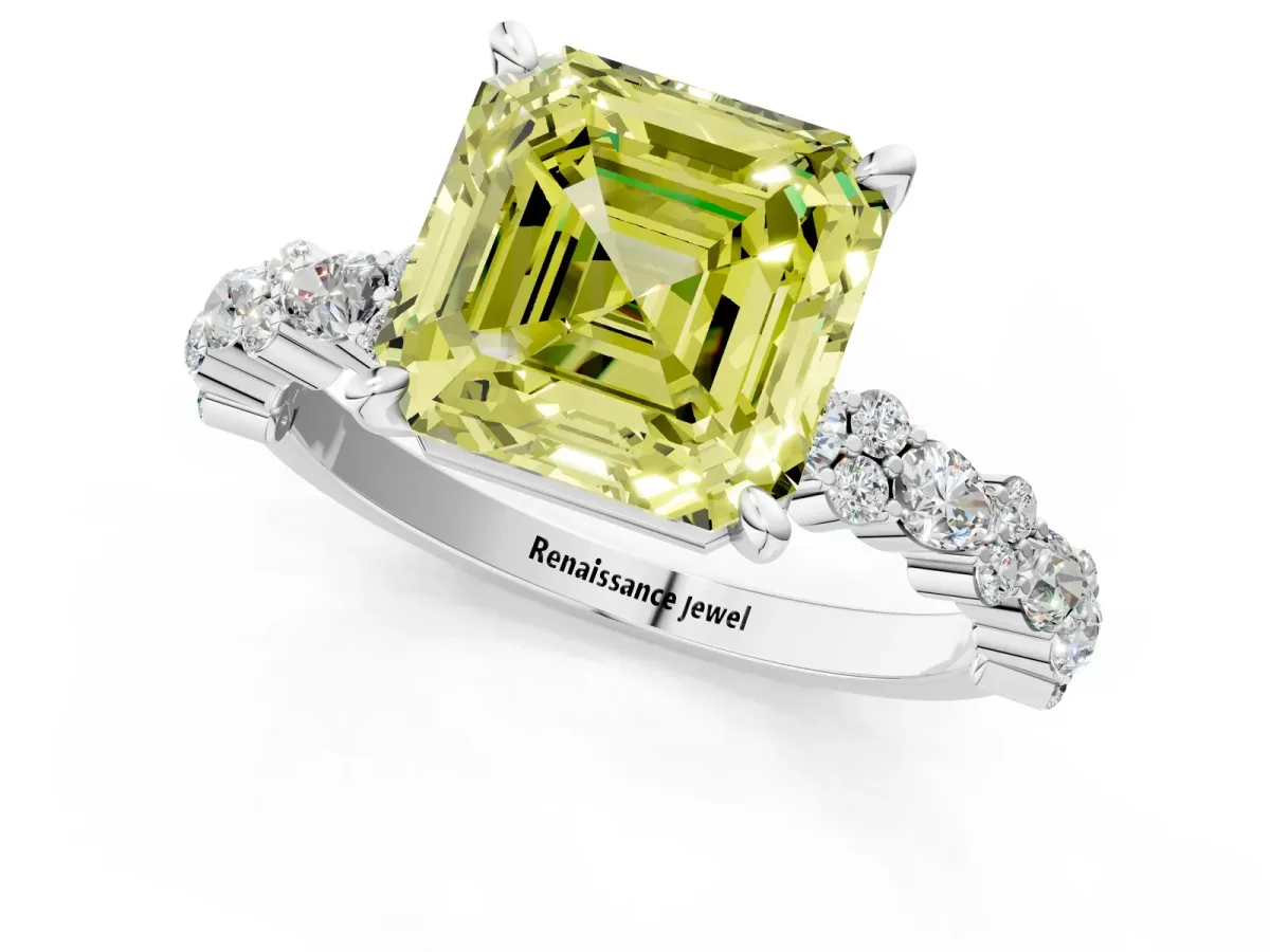 Fancy Yellow Asscher Cut Diamond Side Stone Solitaire Ring with Round and Four-Prong Setting Platinum