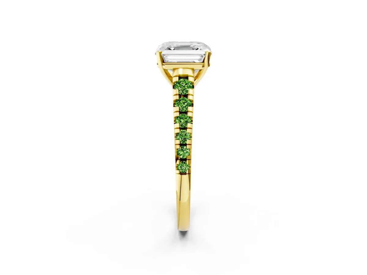 Asscher Cut Diamond Cathedral Solitaire Ring with Round Peridot Pavé Band Yellow gold