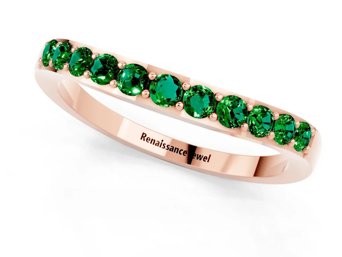 Round Emerald Curved Wedding Band with Channel Setting Rose gold