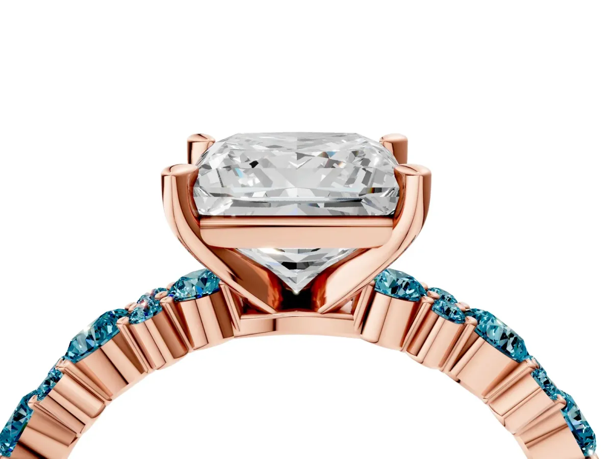 Princess Cut Diamond Side Stone Solitaire Ring with Round Blue Topaz and Four-Prong Setting Rose gold