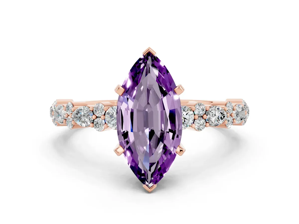 Marquise Cut Amethyst Side Stone Solitaire Ring with Round and Four-Prong Setting Rose gold