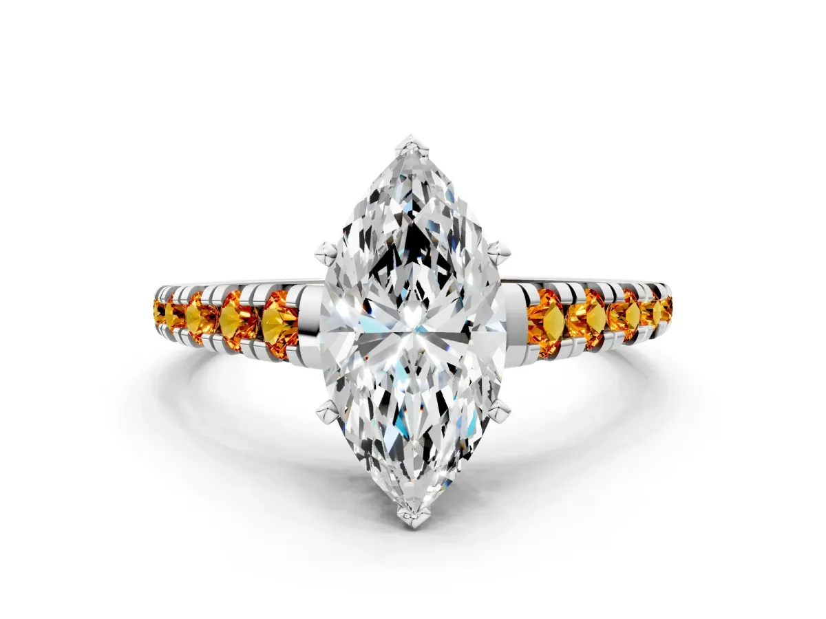 Marquise Cut Diamond Cathedral Solitaire Ring with Round Citrine Pavé Band Silver