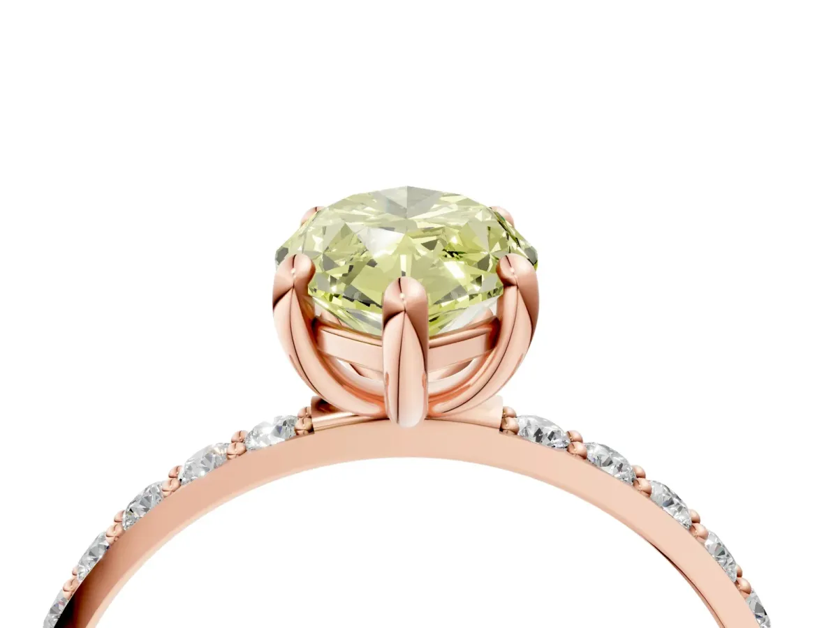 Fancy Yellow Marquise Cut Diamond Solitaire Ring with Round Pavé Band and Prong Setting Rose gold