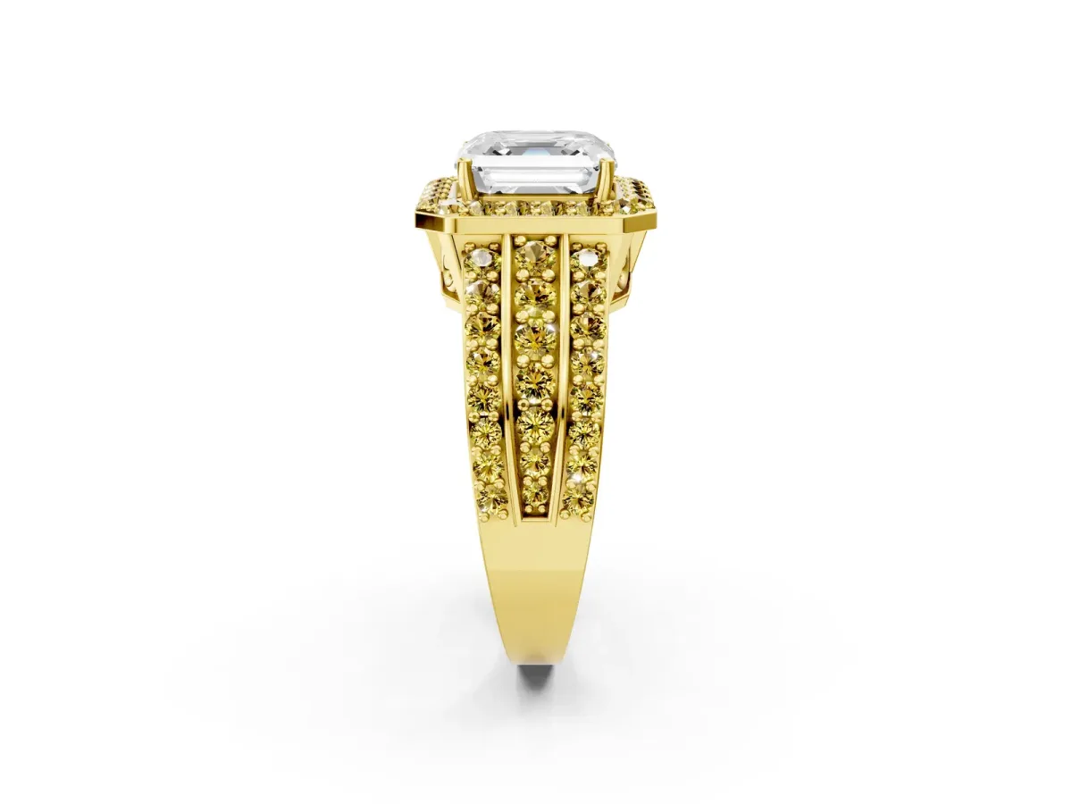 Asscher Cut Halo Diamond Ring with Round Yellow Sapphire Split Shank and Prong Setting Yellow gold