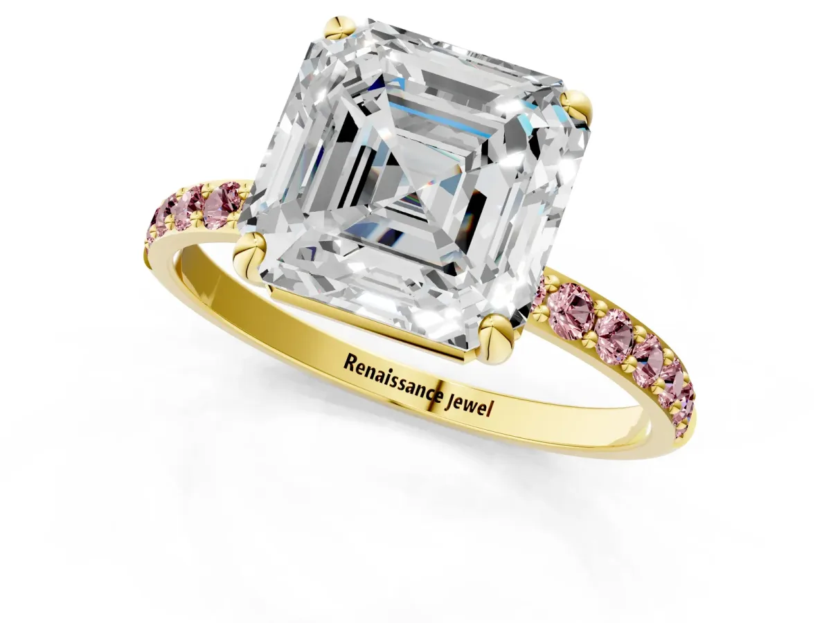 Asscher Cut Diamond Solitaire Ring with Round Morganite Pavé Band and Prong Setting Yellow gold
