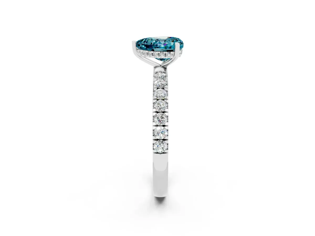 Heart Cut Blue Topaz Pave Band Solitaire Ring with Round and Prong Setting Platinum
