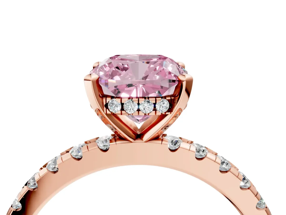 Fancy Pink Cushion Cut Diamond Solitaire Ring with Round Pavé Band and Four-Prong Setting Rose gold