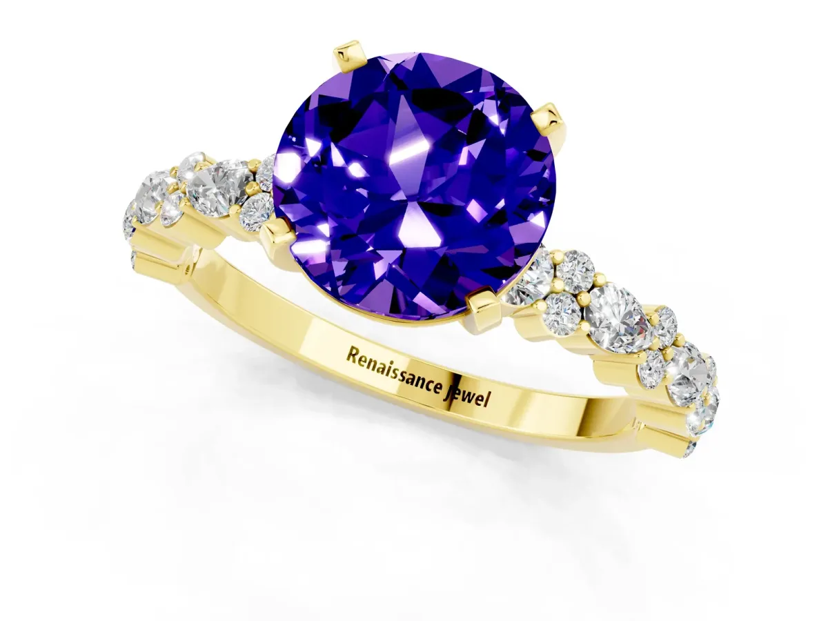 Round Cut Tanzanite Side Stone Solitaire Ring with Round and Four-Prong Setting Yellow gold