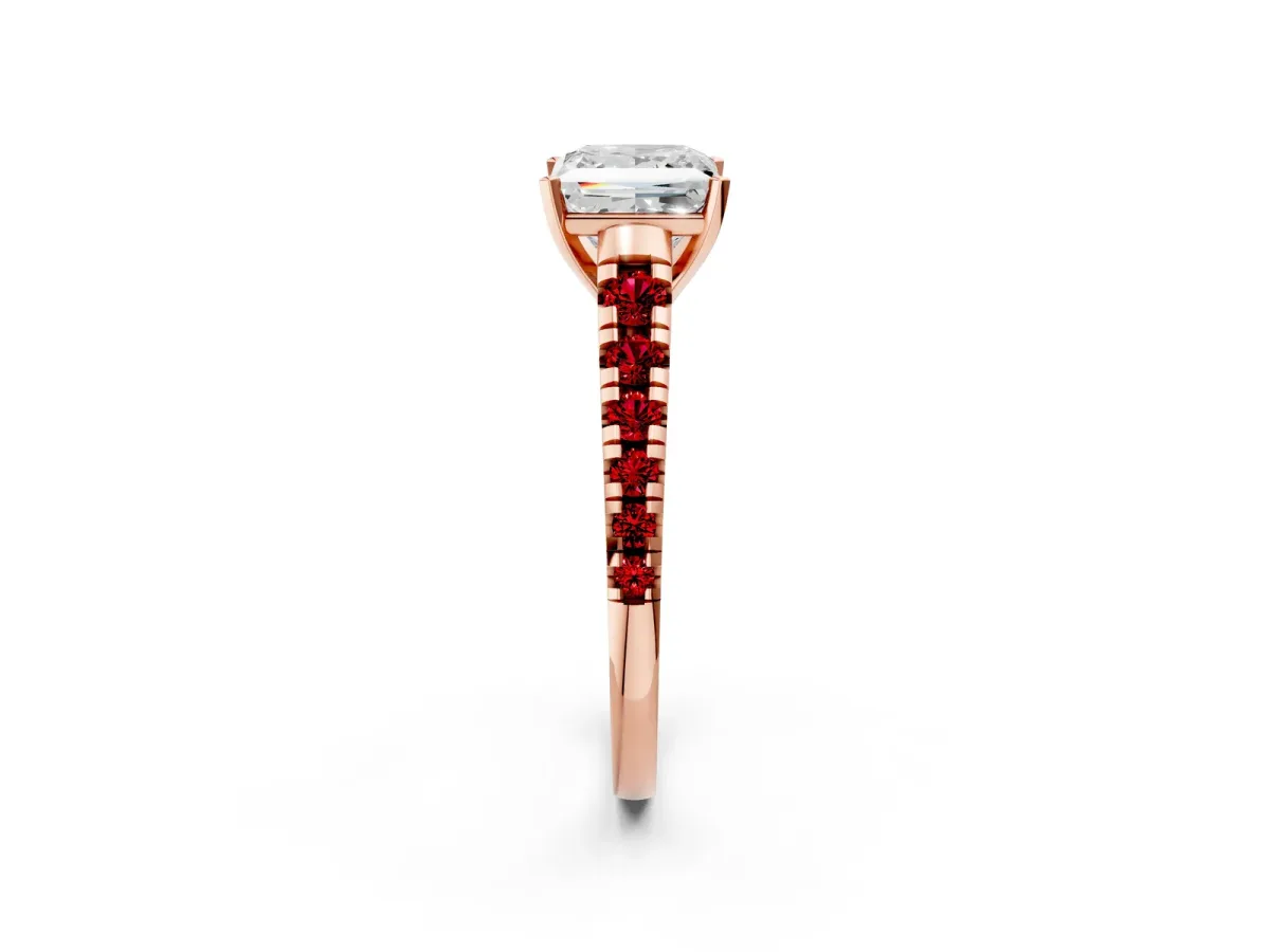Princess Cut Diamond Cathedral Solitaire Ring with Round Ruby Pavé Band Rose gold