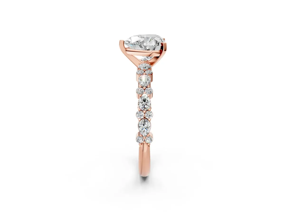 Heart Cut Diamond Side Stone Solitaire Ring with Round and Four-Prong Setting Rose gold