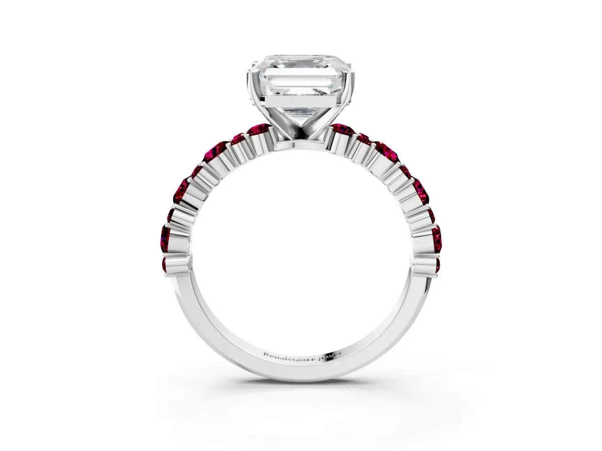 Asscher Cut Diamond Side Stone Solitaire Ring with Round Garnet and Four-Prong Setting Silver