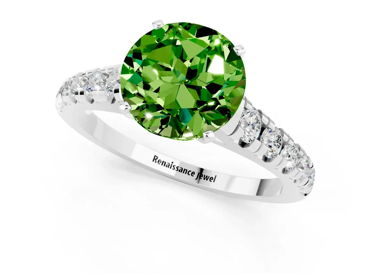 Round Cut Peridot Cathedral Solitaire Ring with Round Pavé Band White gold