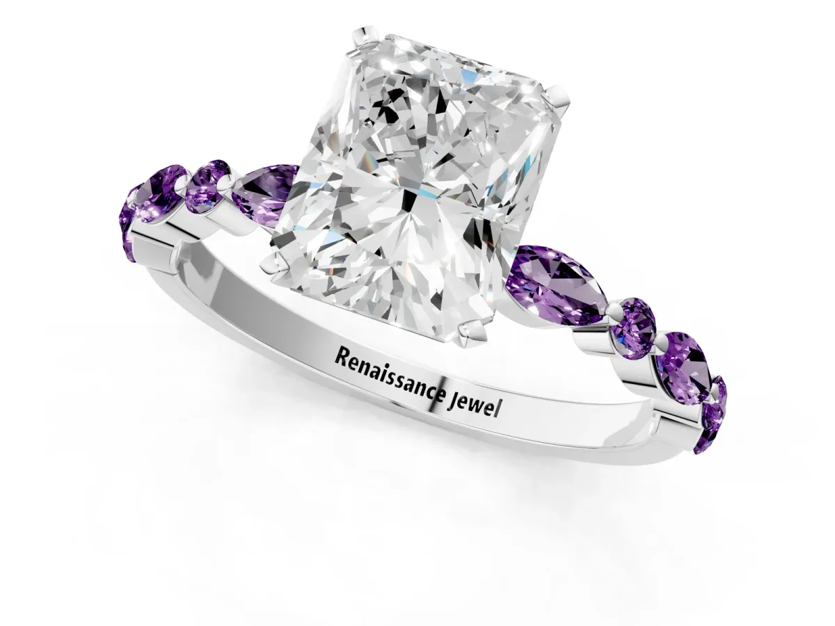Radiant Cut Diamond Ring with Marquise and Round Amethyst Side Stones and Four-Prong Setting Silver