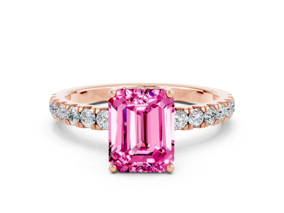 Emerald Cut Pink Sapphire Pave Band Solitaire Ring with Round and Prong Setting Rose gold