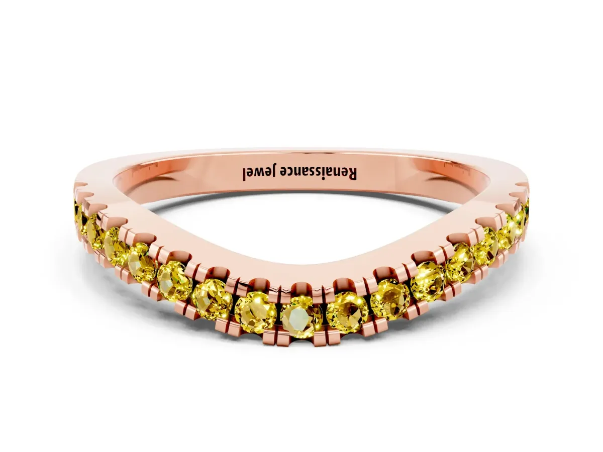 Round Yellow Sapphire Pavé Curved Band with Shared Prong Setting Rose gold