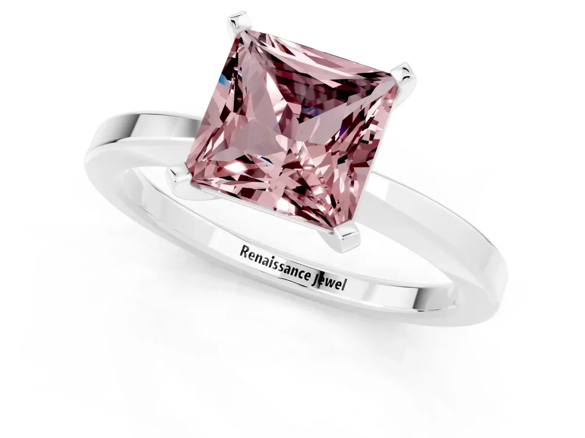 Princess Cut Morganite Solitaire Engagement Ring with Classic Band and Four-Prong Setting Platinum