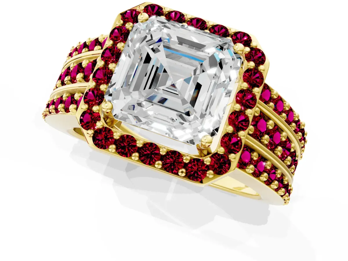 Asscher Cut Halo Diamond Ring with Round Garnet Split Shank and Prong Setting Yellow gold
