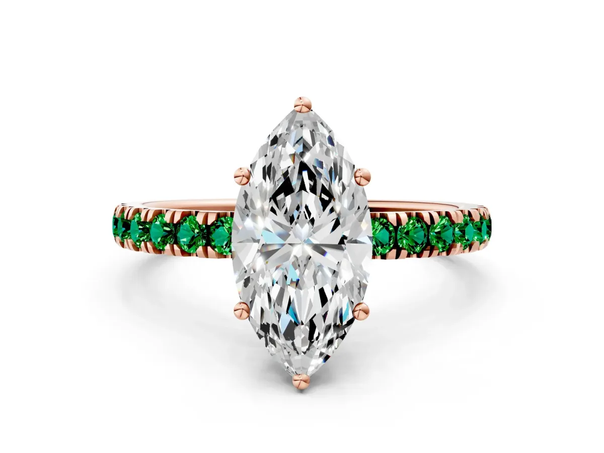 Marquise Cut Diamond Pave Band Solitaire Ring with Round Emerald and Prong Setting Rose gold