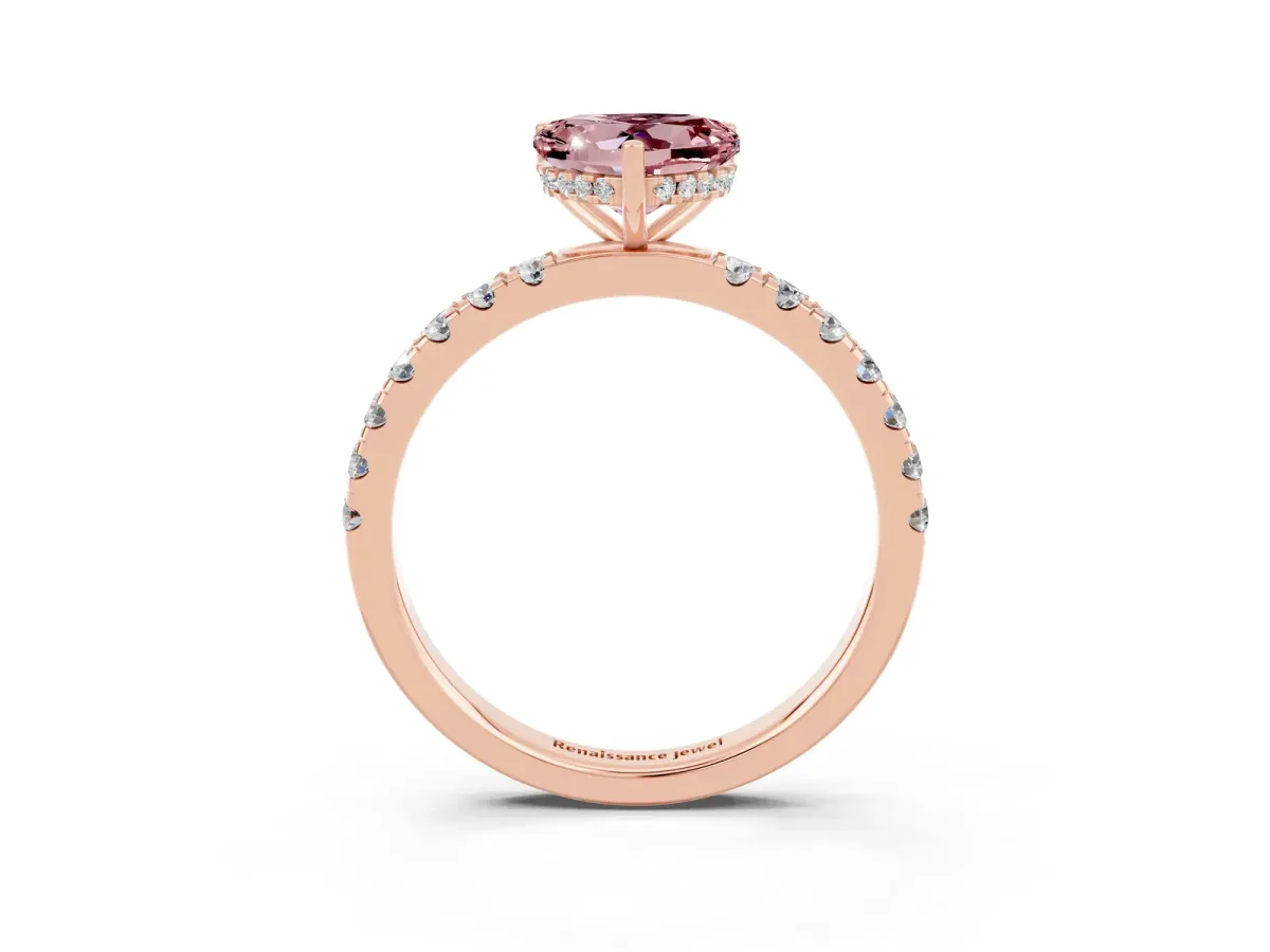 Heart Cut Morganite Pave Band Solitaire Ring with Round and Prong Setting Rose gold