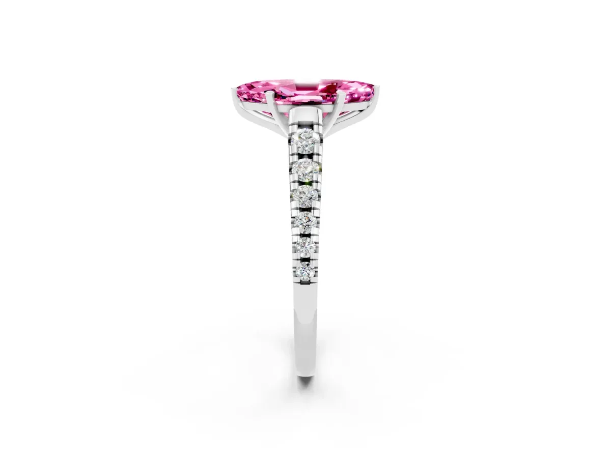 Marquise Cut Pink Sapphire Cathedral Solitaire Ring with Round Pavé Band Platinum